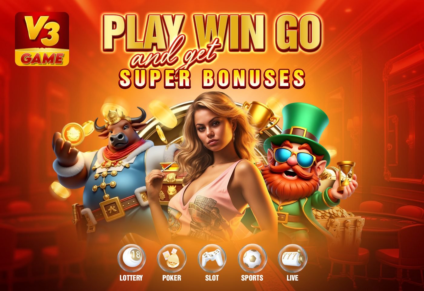 V3 Game app promotional artwork — play, win and claim super bonuses