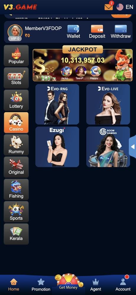 V3 Game app — live casino screen